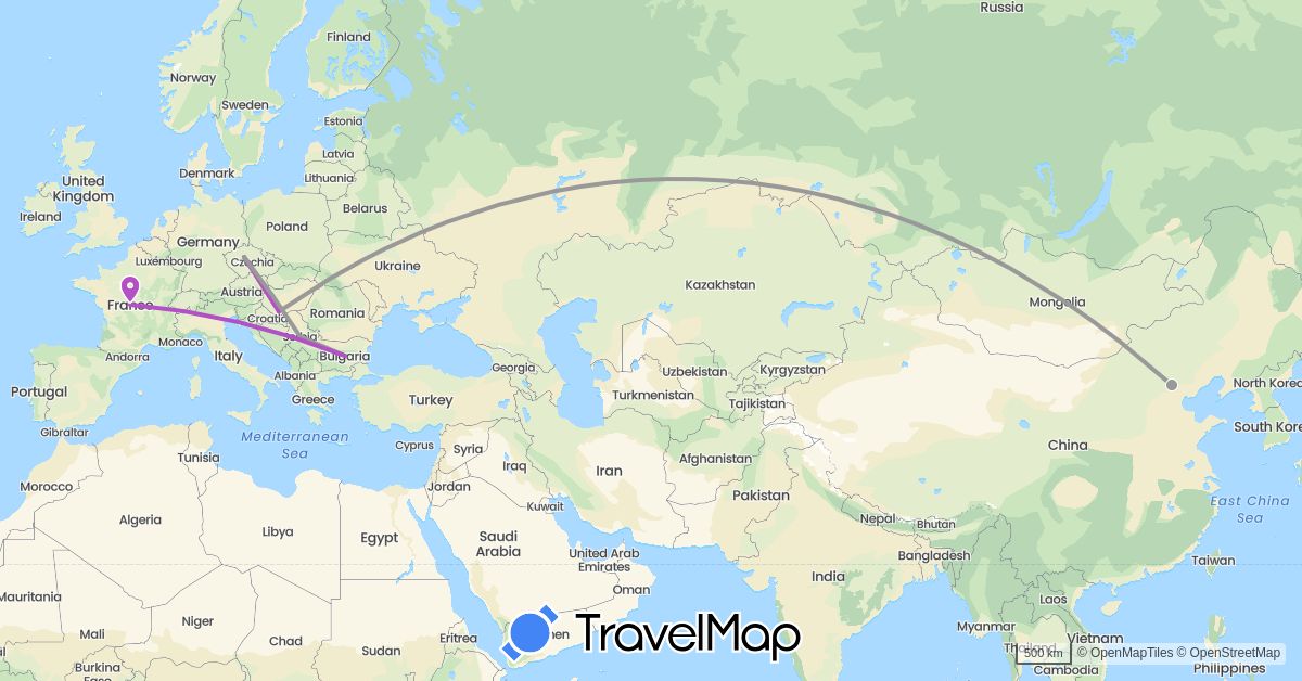 TravelMap itinerary: plane, train in Bulgaria, China, Czech Republic, France, Hungary, Serbia (Asia, Europe)